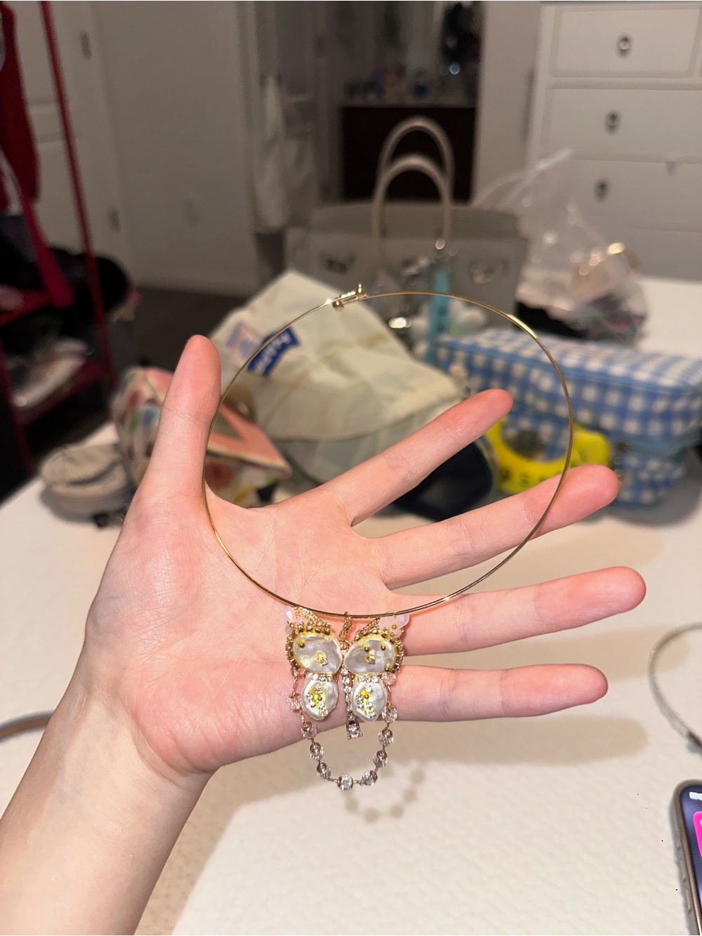 Gold Butterfly Pendant Choker Necklace - vintage Jewelry